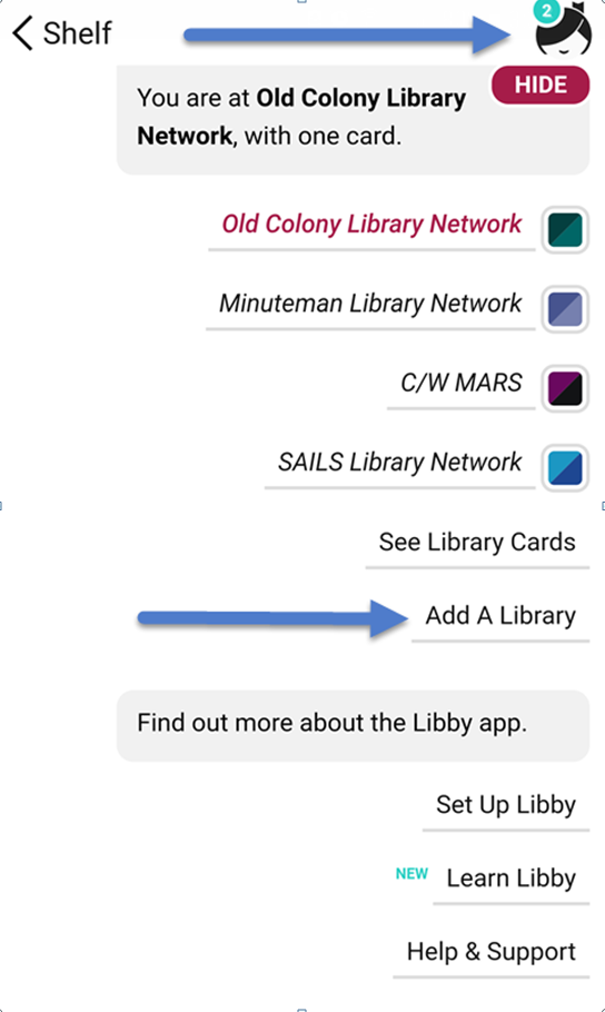 Screenshot of Libby App: Tap Menu icon and Add a Library
