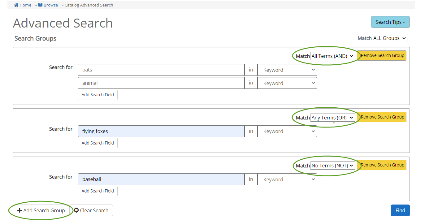 Screenshot of advanced search form with the example query filled in