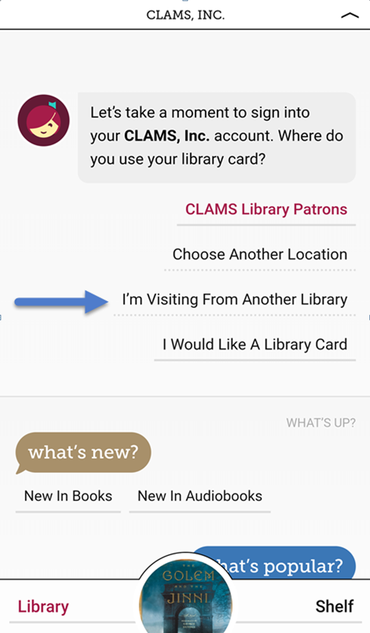 Libby screenshot: Sign in with I'm visiting from another library