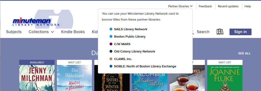 Home page of minuteman.overdrive.com with Partner Libraries menu expanded