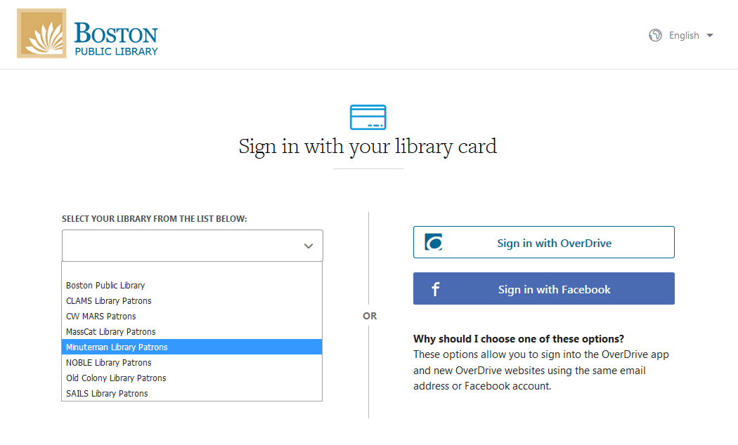Image of the sign-in page, with "Minuteman Library Patrons" menu option highlighted